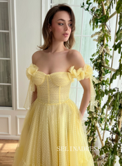 Yellow Short Wedding Dress Tea Length Tulle Prom Dresses Princess Evening Gowns EWR310|Selinadress