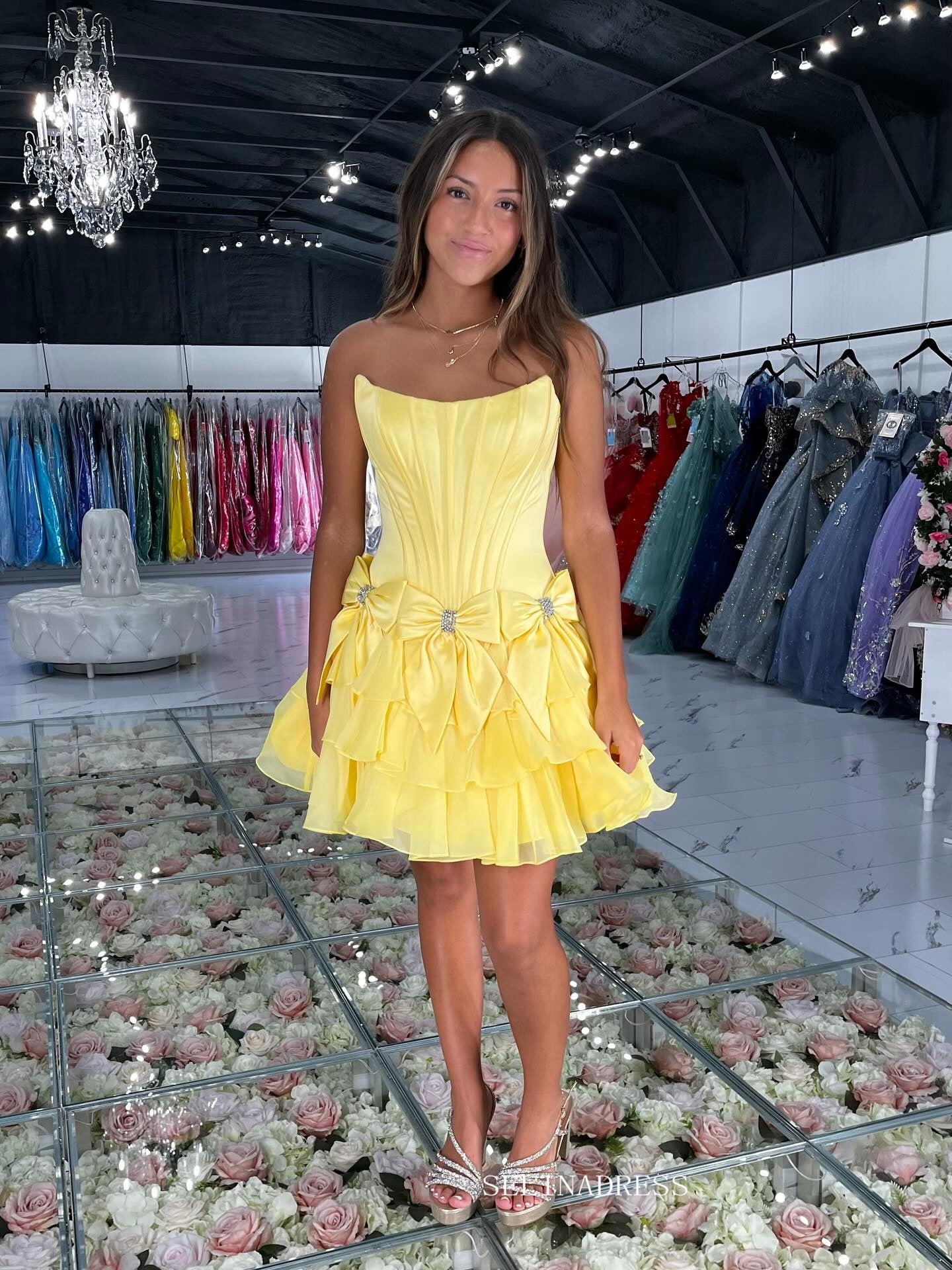 Yellow Strapless Short Homecoming Dresses With Bowknot Cute Hoco Dress #TKL617|Selinadress