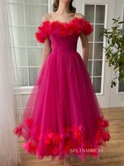 Yellow Straps Short Midi Prom Dress Beautiful Floral A line Tulle Party Dress JKL3129|Selinadress