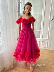 Yellow Straps Short Midi Prom Dress Beautiful Floral A line Tulle Party Dress JKL3129|Selinadress