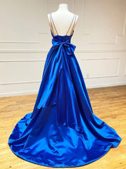 Blue v neck satin long prom dress, Royal blue evening dress SDE007
