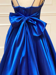 Blue v neck satin long prom dress, Royal blue evening dress SDE007