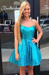 Criss Cross A-Line Short Prom Dress Blue Sequins Homecoming Dress ANN5510