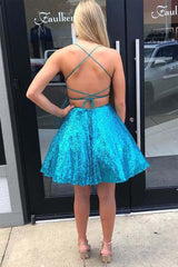 Criss Cross A-Line Short Prom Dress Blue Sequins Homecoming Dress ANN5510