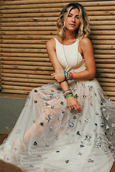 A-Line Crew Floor-Length White Tulle Backless Prom Dress with Appliques GRD023