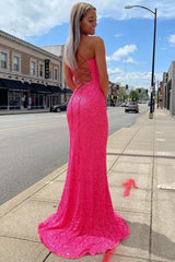 Neon Pink Sequin Mermaid Long Formal Dress EWQ018