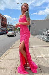 Neon Pink Sequin Mermaid Long Formal Dress EWQ018