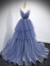 Blue v neck tulle sequin long prom dress, blue evening dress SDE010