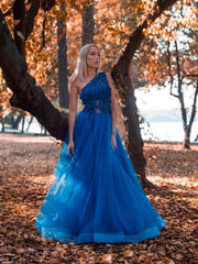 Blue one shoulder tulle lace long prom dress, blue tulle formal dress SDE002