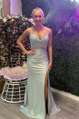 Dusty Sage Appliques Straps Mermaid Satin Long Prom Dress with Slit DR1507