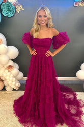 Mulberry Strapless Tulle A-line Ruffles Long Prom Dress with Detachable Sleeves DR1580