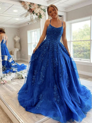 Blue Spaghetti Straps tulle lace long prom dress, blue lace evening dress SDE005|Selinadress