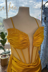 Yellow Beaded Mermaid Satin Deep V Neck Long Prom Dress with Slit DR1552