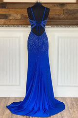 Royal Blue Beaded V-Neck Mermaid Long Prom Dress EWQ020