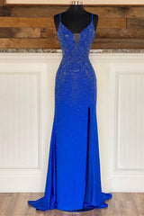 Royal Blue Beaded V-Neck Mermaid Long Prom Dress EWQ020