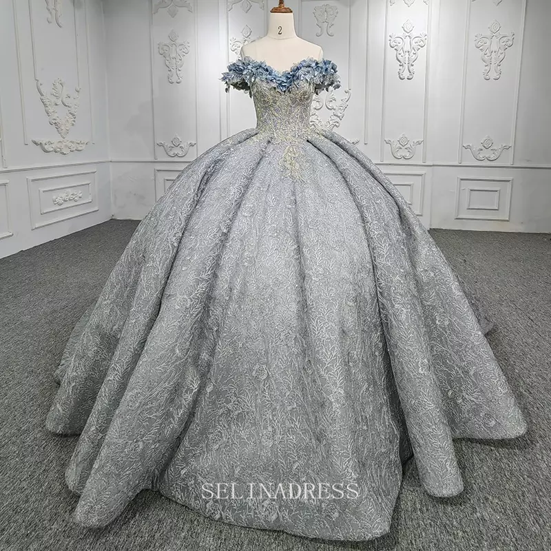 3D Flower Off shoulder Elegant Silver Evening Dresses High Quality DY9950 Selinadress