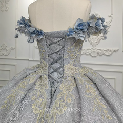 3D Flower Off shoulder Elegant Silver Evening Dresses High Quality DY9950 Selinadress