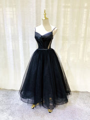 Simple Black tulle tea length prom dress, black evening dress