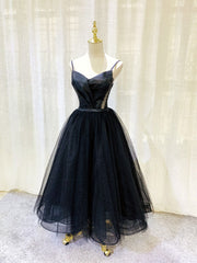 Simple Black tulle tea length prom dress, black evening dress