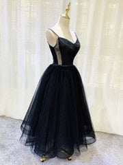 Simple Black tulle tea length prom dress, black evening dress