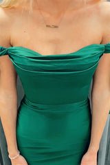 Hunter Green Off-the-Shoulder Mermaid Satin Long Prom Dress with Slit DR1553