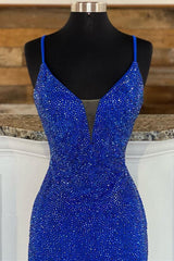Royal Blue Beaded V-Neck Mermaid Long Prom Dress EWQ020
