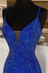 Royal Blue Beaded V-Neck Mermaid Long Prom Dress EWQ020