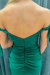 Hunter Green Off-the-Shoulder Mermaid Satin Long Prom Dress with Slit DR1553