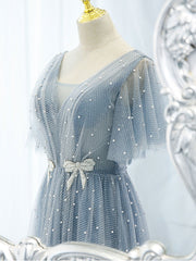 Blue v neck tulle beads long prom dress, blue tulle formal dress SDE008