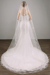 Cheap Two Tier Lace Appliques Edge Cathedral Veil Long Wedding Veils V27