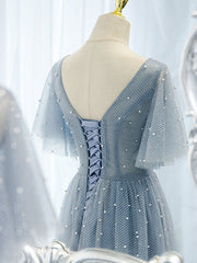 Blue v neck tulle beads long prom dress, blue tulle formal dress SDE008