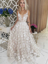 Champagne v neck tulle lace long prom dress, lace evening dress FD030