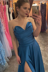 A-line Pleated Ink Blue Strapless Satin Long Prom Dress with Slit DR16295