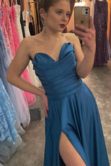 A-line Pleated Ink Blue Strapless Satin Long Prom Dress with Slit DR16295