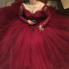 Burgundy Lace Appliques Long Sleeves Tulle Ball Gowns Prom Dresses FD032