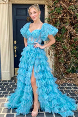 Blue Puff Sleeves A-line Multi-Layers Long Prom Dress with Slit DR1599
