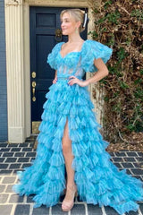 Blue Puff Sleeves A-line Multi-Layers Long Prom Dress with Slit DR1599