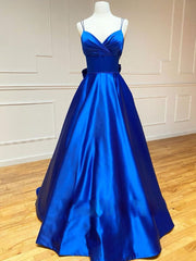Blue v neck satin long prom dress, Royal blue evening dress SDE007