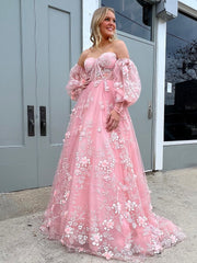 A-line Beautiful Sweetheart Long Prom Dress Pink Lace Evening Dress Formal Dress JKSS20