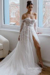 A-line Off-the-shoulder Applique Beaded Wedding Dress Rustic Wedding Gown KTC027|Selinadress