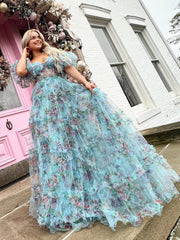 A-line Off-the-shoulder Puff Sleeve Blue Prom Dress Floral Long Evening Dresses #JKW125|Selinadress