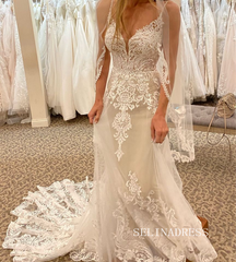 A-line Spaghetti Straps Applique Lace Boho Wedding Gowns Rustic Modest Wedding Dresses KTC052|Selinadress