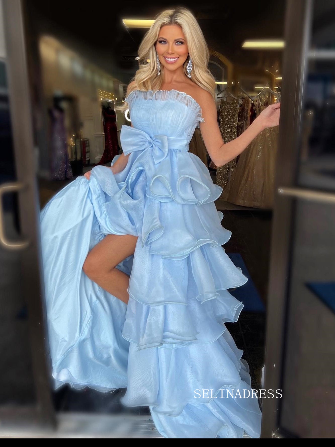 A-line Strapless Light Sky Blue Long Prom Dress Organza Layered Long Formal Dress Evening Gowns KSS13|Selinadress