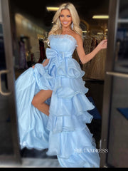 A-line Strapless Light Sky Blue Long Prom Dress Organza Layered Long Formal Dress Evening Gowns KSS13|Selinadress