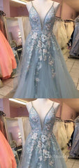 A-line V neck Lace Long Prom Dresses Blue Evening Dress SED516