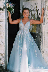 A-line V neck Lace Long Prom Dresses Blue Evening Dress SED516