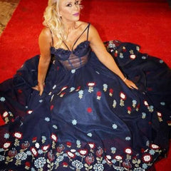A-line See Through Dark Navy Prom Dress With Floral Modest Evening Gowns SED334