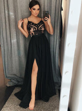 A-line Spaghetti Straps Black Prom Dresses With Lace Modest Evening Gowns SED335