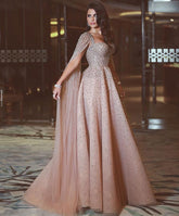 Dusty Pink Beaded Long Prom Dresses Modest Lace Evening Dress SED496|Selinadress