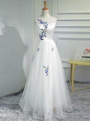 A-line Prom Dresses Scoop White Applique Long Prom Dress Evening Dresses ASSD017|Selinadress